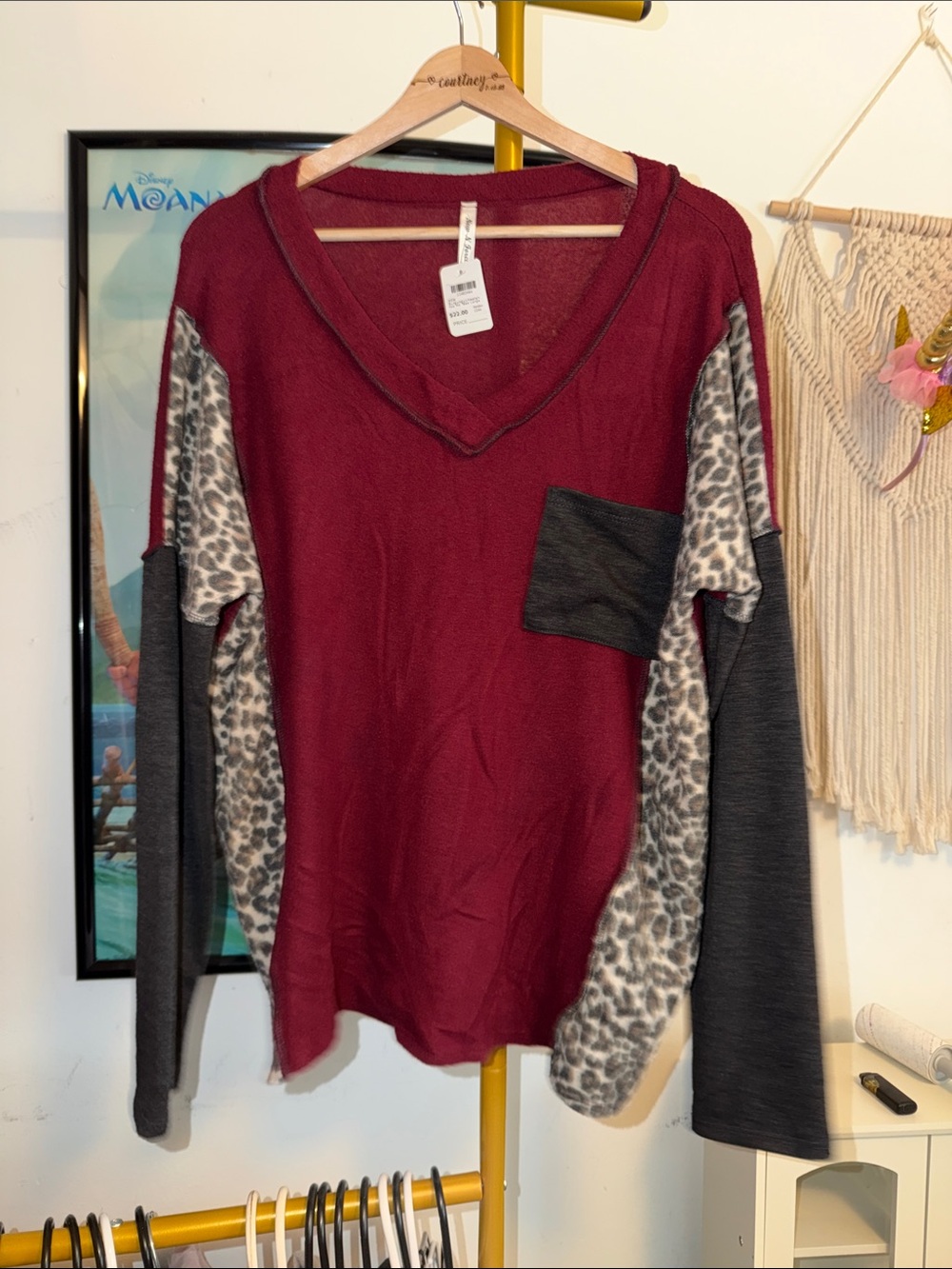 Burgundy V-Neck Mixed Print v-neck with Leopard Accents